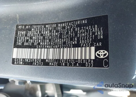 2022 Toyota Corolla Le z USA, uszkodzony, nr VIN 5YFEPMAE4NP322270